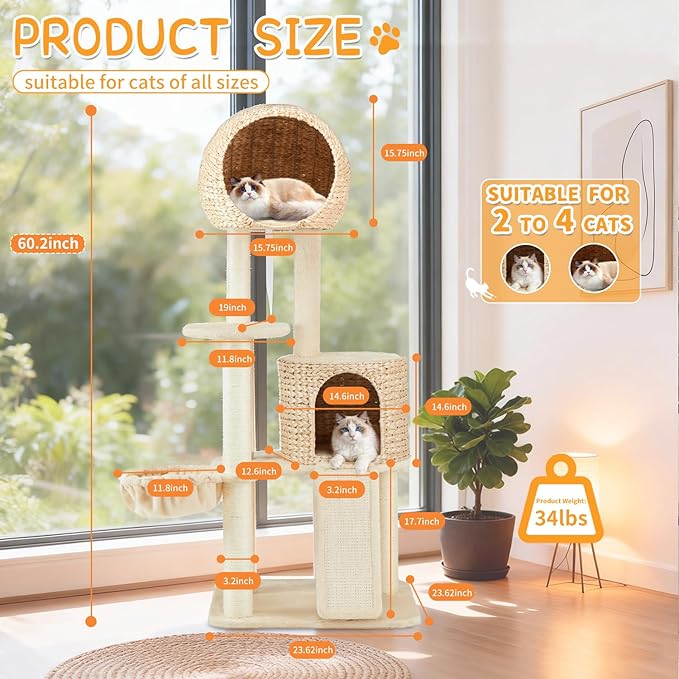 Rattan Cat Tree,60.2'' Tall Modern Cat Tree Tower with Scratching Post for Indoor Cats Large Adult,Luxury Multi Level Cattail Cat Condo with Big House,Hammock,Scratcher Board for Multiple Cats
