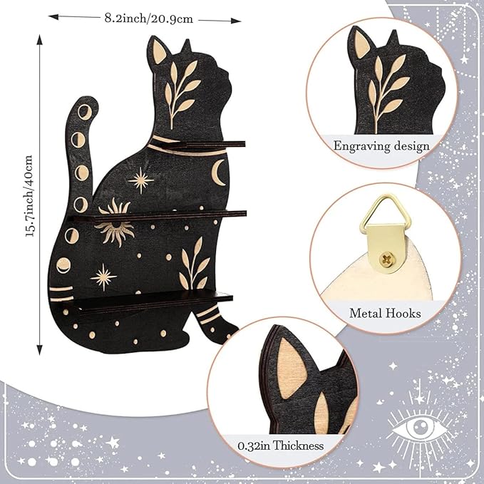 Crystal Display Shelf Wall Moon Shelves Luna Moth Hamsa Hand Holder Floating Wall Mounted Decorative Crystal Shelf (Wooden Butterfly-38.5 * 28cm/15 * 11inch)