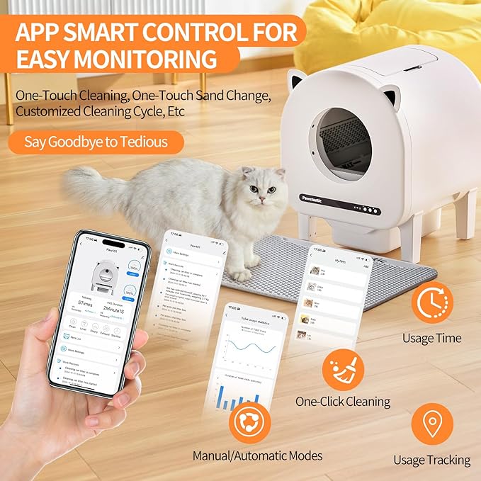 Self Cleaning Litter Box, Automatic Cat Litter Box for Multiple Cats, App Control with Safety Sensors, Removable Washable Liner,2 Rolls Garbage Bags