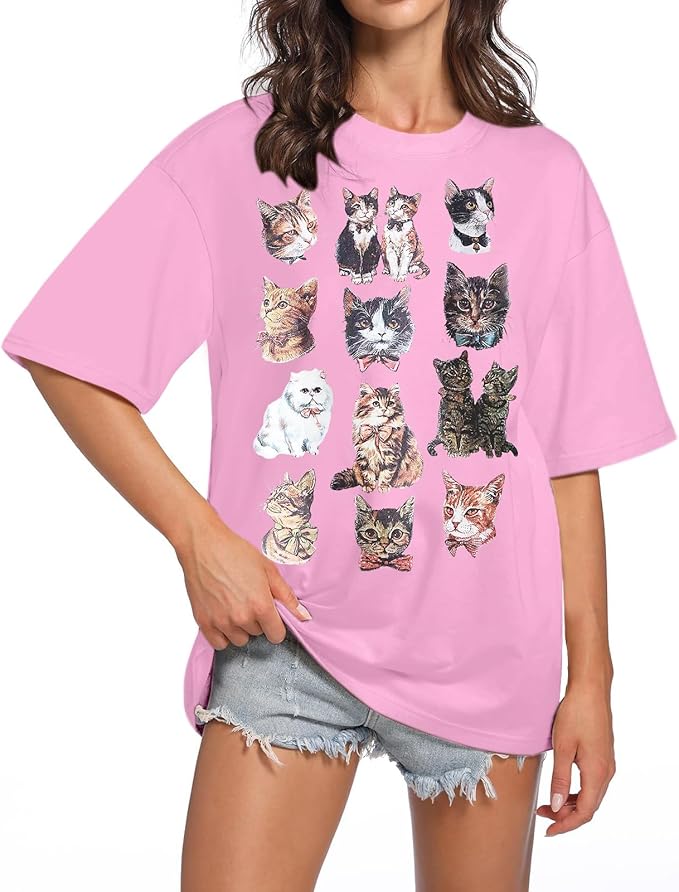Oversized Cat Shirt Cute Graphic Tees for Women Y2k Funny Tshirts Baggy Aesthetic Shirts Cat Lover Gifts Kawaii Tops