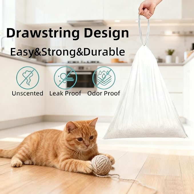 20 x 18 inches, 4 Rolls, 60 Counts, Cat Litter Bags for Self Cleaning Litter Trays, Replacement Pet Poop Bags with Drawstring, Close Litter Box Liners for Cat Poop Bag