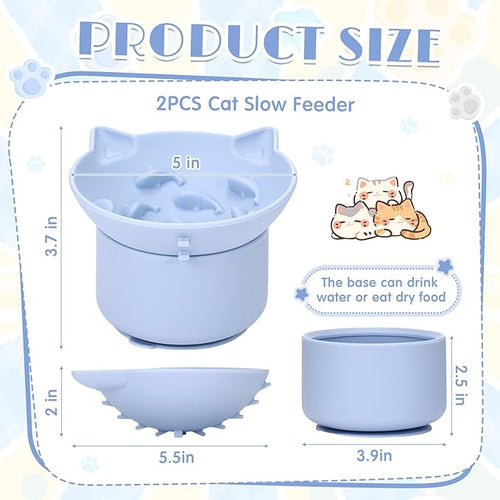 2 Pack Silicone Cat Slow Feeder, Elevated Slow Feeder Cat Bowl for Dry and Wet Food, Tilted Design with Non Slip Base, Adjustable Angle for Pet(Gray and Blue)