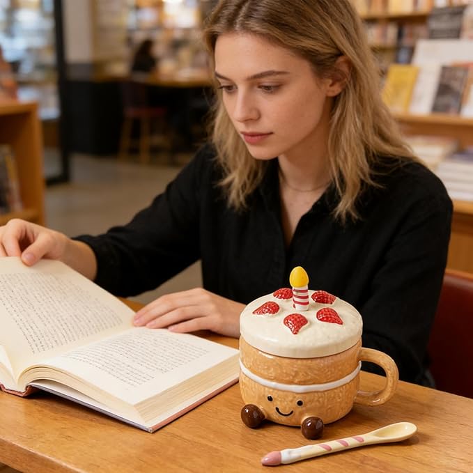 Adorable Cake Ceramic Coffee Mug, 400ml Cute funny Mug For Women, Cake Shaped Aesthetic Mugs Tea Cup with Lid Spoon for Birthday Valentines Day Home Office School
