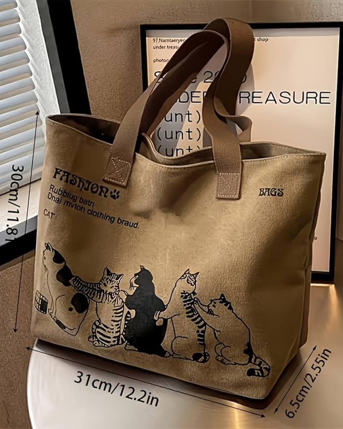 Cute 5-Cats Canvas Tote Bag for Women, Large Aesthetic Shoulder Bag with Zipper and Inner Pocket, Reusable Grocery Bag for Travel, Beach, and Shopping, Ideal Gift for Cat Lovers