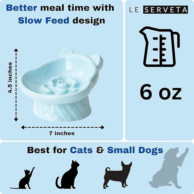 Winnie The Pooh Series Ceramic Slow Feeder Cat Bowl, Raised Anti-Gulping Design with Bear Ears, Pastel Colors, Quilted Pattern Base (Blue)