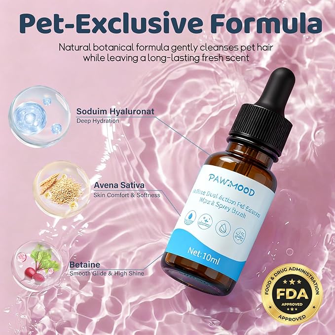 2PCS Concentrated Waterless Shampoo Essence with Pink Grooming Glove, No-Rinse & Lick-Safe Essence for Steam Brushes, Gentle Care for Cats/Kittens/Seniors, Manage Shedding & Freshness,0.34oz*2