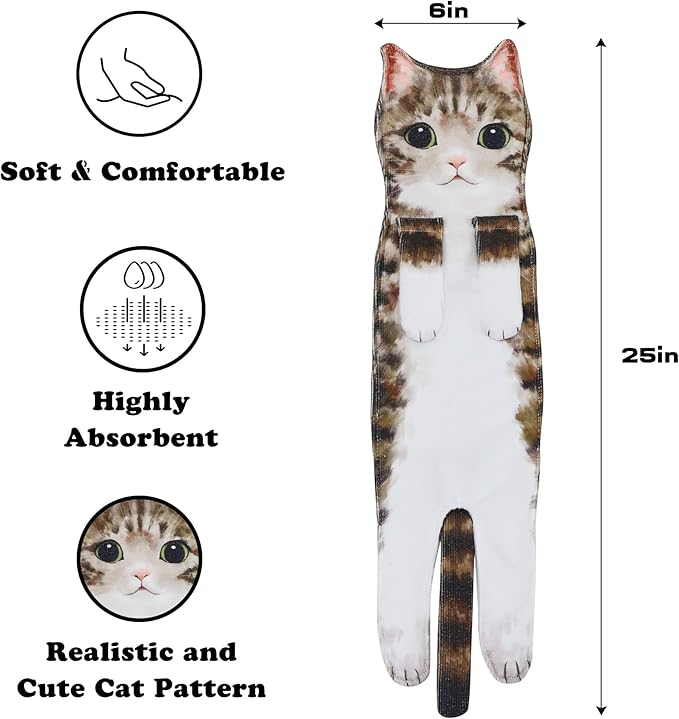 Funny Hand Towels for Bathroom Kitchen Decor - Cute Cat Hanging Hand Towel Kitchen Gadgets - Unique Housewarming Birthday Christmas Cat Lover Gift Ideas for Women Mom Lady Adults
