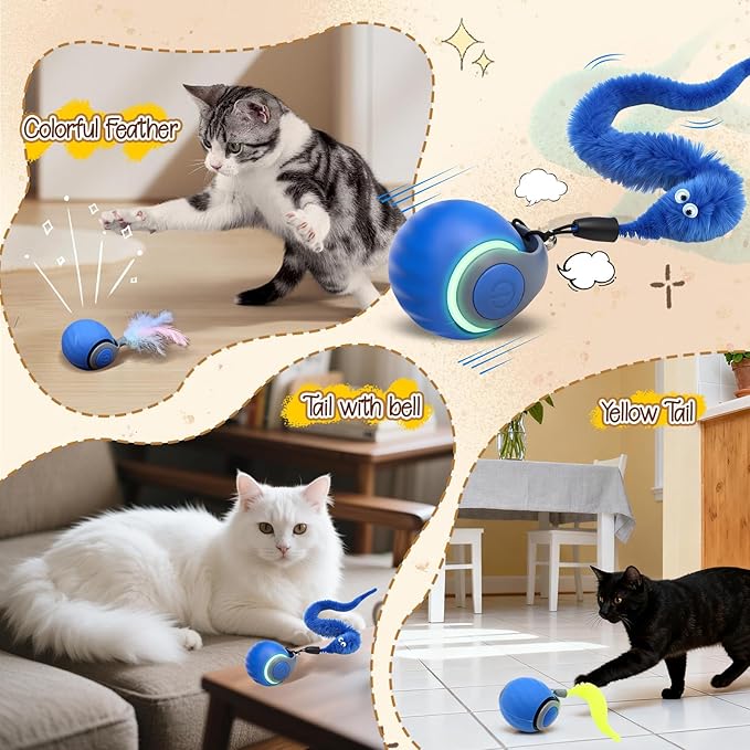 1PCS Interactive Cat Toys Ball,Newly Upgraded Speedy Tail Cat Toy with USB Charging,Automatic Smart Interactive Cat Toys for Indoor Cats with 4 Tails-Blue