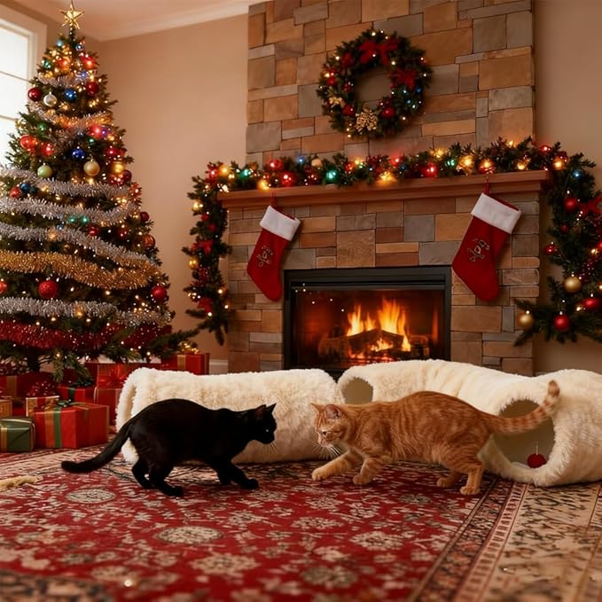 3 in-1 Cat Donut Bed - Luxurious Cat Tunnel Toys, Plush Cat Tunnel with Hanging Toys, Washable Pet Bed for Cats Kittens Rabbits, Xmas Decoration & Cat Tree Barrier