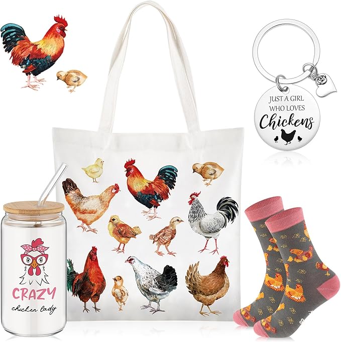 Paterr 4 Pcs Chicken Lover Gifts for Women, Funny Chicken Lady Gifts for Mother's Day Birthday Decorations, with Canvas Tote Bag 16oz Glass Coffee Cup with Straw Socks Cute Keychain