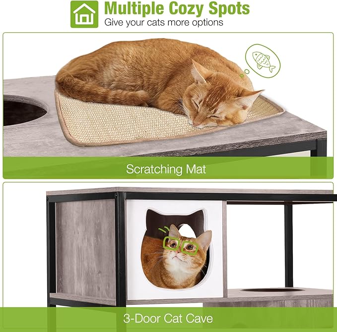GUTINNEEN All-in-One Cat Litter Box Enclosure Hidden Litter Box Furniture with Cat Tree, Scratching Post, Cozy Cat Cave, Hanging Hammock, Storage Cabinet, Durable & Space-Saving (Grey)