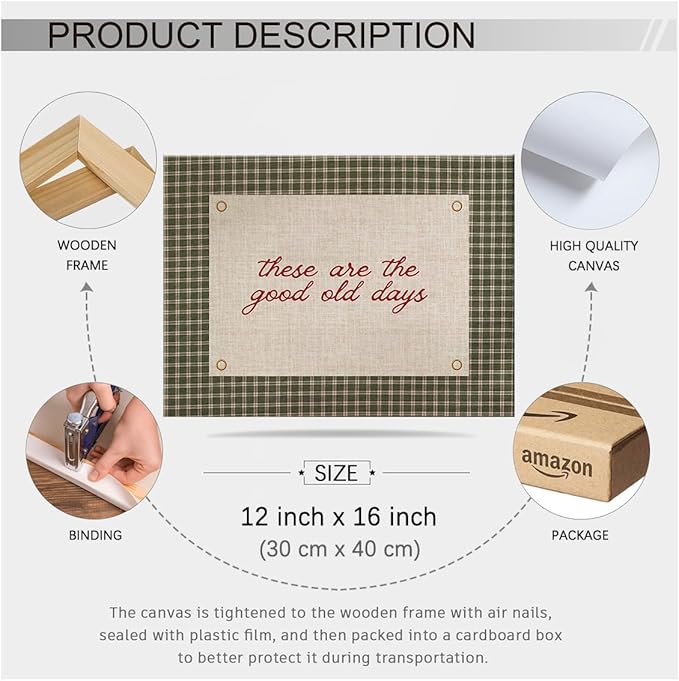 These Are the Good Old Days Wall Art Positive Affirmations Quotes Poster Preppy Green Gingham Canvas Prints 12X16 inch Wood Framed for Modern Kids Wall Decor Bedroom