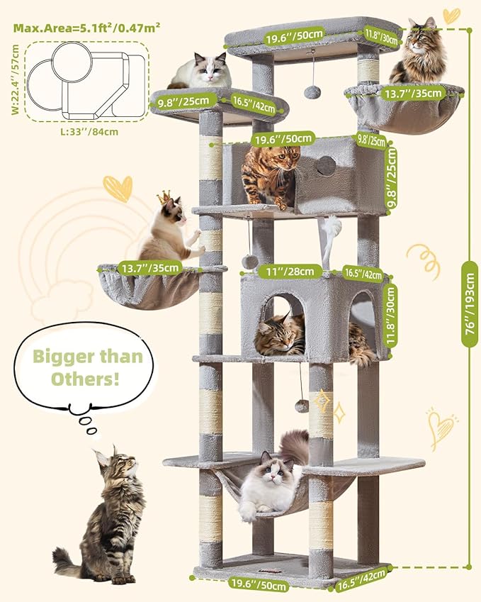 Taoqimiao Cat Tree Tower, 76-Inch Sturdy Cat Tree for Indoor Cats Large Adult Cat Tower with Scratching Posts，2 Condos, 2 Perches, 2 Large Hanging Baskets, Soft Hammock, MS046W Light Gray