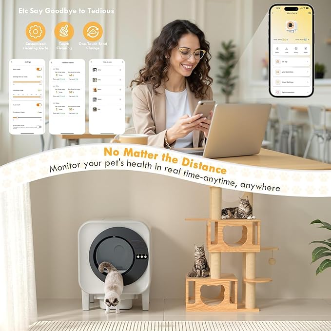 Automatic Cat Litter Box, Self Cleaning Litter Box with App Control, 75l Large Cat Litter Boxs for Multi-Cat Homes, Infrared & Weight Sensors, Odor Eliminator, Easy Cleaning, 20 Trash Bags, Black