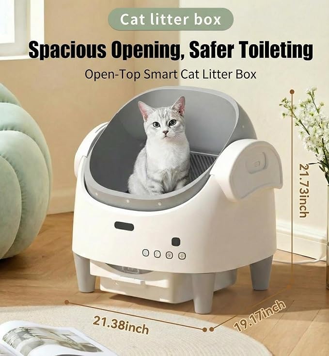 Automatic Self-Cleaning Cat Litter Box with Open-Top Design, App-Controlled Electric Litter Box for Multiple Cats, Adjustable Entry Height, Multi-Sensor Safety System, Includes 1 Roll Trash Bags