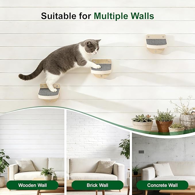 TIMHAKA 3 Pcs Cat Wall Shelves, Wooden Kitten Wall Climber for Indoor Cats, Cat Wall Furniture with Non-Slip Carpet for Climbing, Jumping & Playing