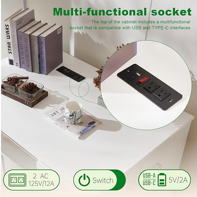 Cat Litter Box Enclosure - Dog Proof Cat Litter Box with Pull-Out, Rotating Features, Includes Power Outlet and Acrylic Wave-Patterned Door Panels with Lock,Elegant White