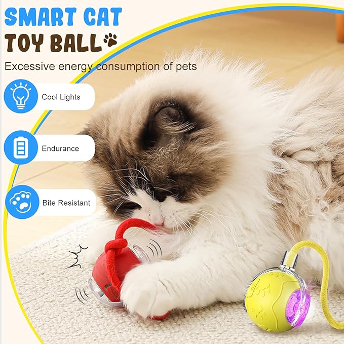 Smart Interactive Cat Ball Toy for Indoor Pets, 2025 New Automatic Rolling Toy with Tail, Electric Moving Cat Ball for Bored Cats and Dogs, Rechargeable and Durable Pet Toy for Cats and Dogs (Red)