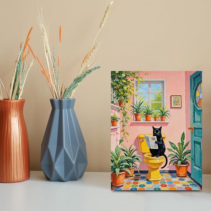 Funny Cat on Toilet Wall Art, Cat Lover Gifts, Cute Animal Theme Vintage Botanical Framed Canvas Prints Room Decor, Pink Painting for Living Room Bathroom Bedroom Decoration 15x11.4 inch