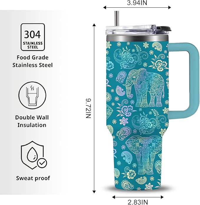 Elephant Tumbler 40oz, Travel Insulated Stainless Steel Tumbler Keeps Drinks Cold & Hot, Double Wall Vacuum, Elephants Gifts for Women Girls Coffee Travel Mug Cup Gift for Birthday Christmas