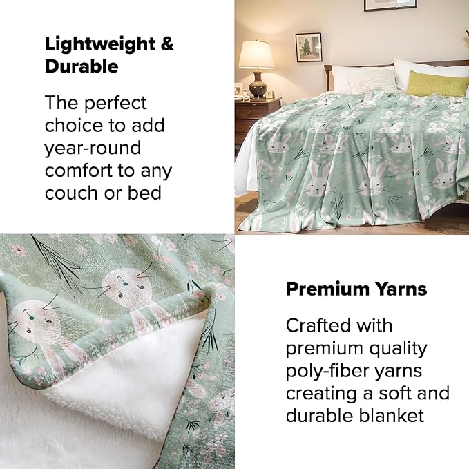 Bunny Rabbit Blanket Gifts - Cute Bunny and Floral Soft Fleece Throw Blankets - Perfect for Kids, Women,Girls, and Spring Decor - 50x60 Inches