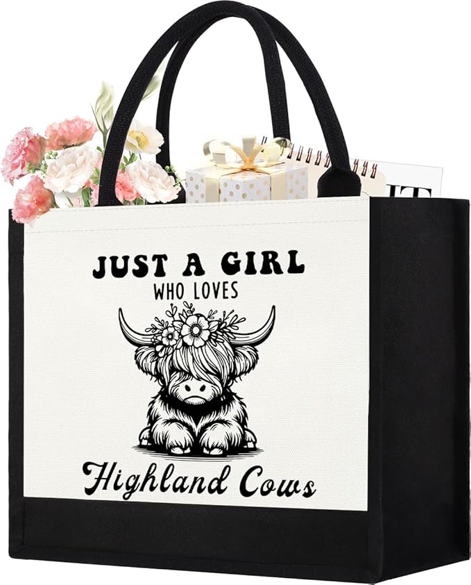 Canvas Tote Bag for Women, Cute Highland Cow Gifts for Cow Lover, Western Gift for Women Aesthetic Tote Bag Reusable Bag, Birthday Christmas Gift for Daughter Friends Sisters Who Loves Highland Cows