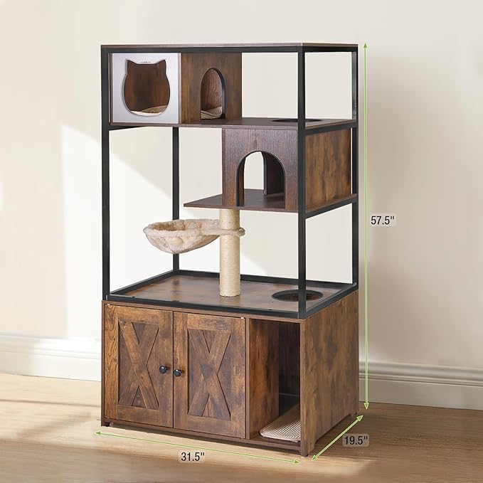 GUTINNEEN All-in-One Cat Litter Box Enclosure Hidden Litter Box Furniture with Cat Tree, Scratching Post, Cozy Cat Cave, Hanging Hammock, Storage Cabinet, Durable & Space-Saving (Brown)