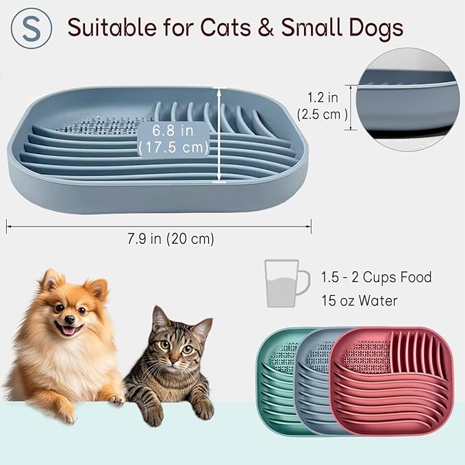 Slow Feeder Dog Bowl for Medium & Small Pets, Anti Choking Pets Slow Feeder with 3-Zone Puzzle Design, Wet Food Silicone Cat Bowl with Non-Slip Base, Dishwasher Microwave Safe(Blue, 1.5 Cup)