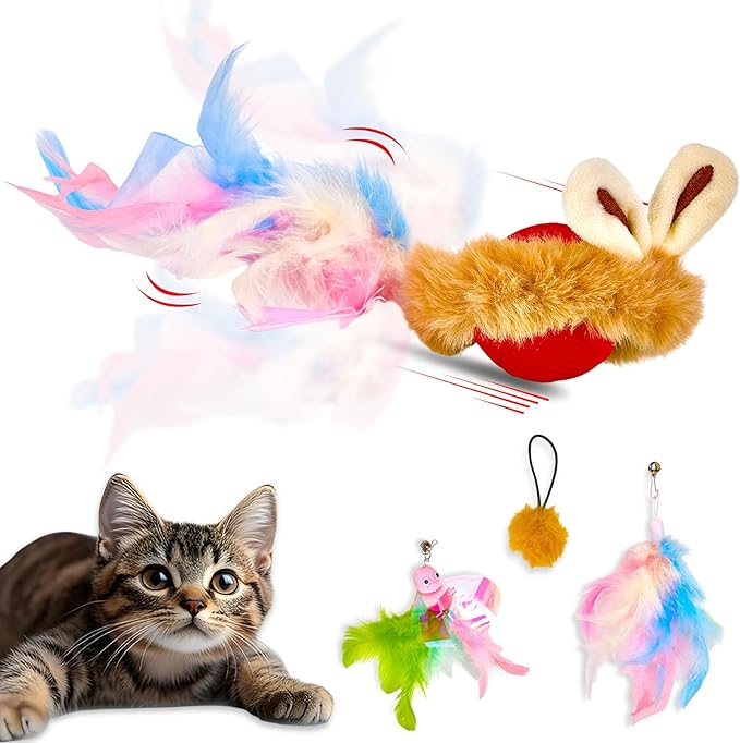 Interactive Cat Toy Ball, Automatic Cat Toys for Indoor Cats, Motion Activated Kitten Toys with 2 Replacement Tails, USB Rechargeable, Moving Cat Toys for Enrichment Exercise (Red)