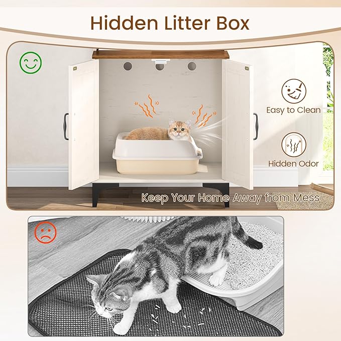 Snughome Cat Litter Box Enclosure with Storage Shelves, 2-in-1 Modern Cat Litter Box Enclosure Furniture Hidden, Wooden Cat Washroom Cat House with Metal Legs, Fit Most of Litter Box, White