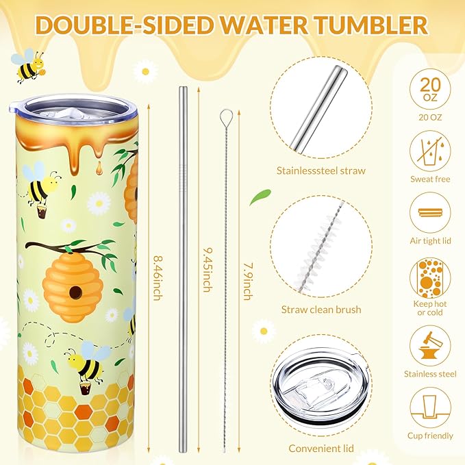 Funnymoom 2 Pack Bee Themed Party Gifts Set Skinny Tumbler 20 oz Travel Coffee Mug Socks Novelty Cute Animals, Honey Christmas Birthday for Lovers Party