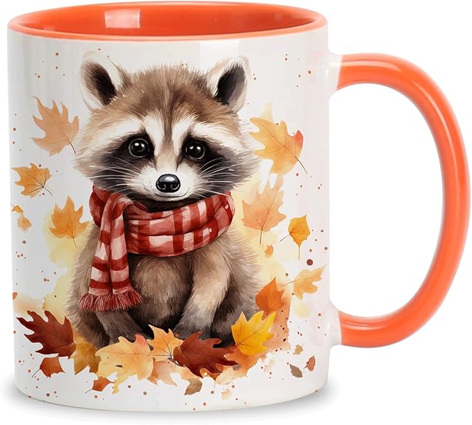 Hyturtle Fall Raccoon Coffee Mug - Birthday Gifts For Raccoon Lovers - Fall Autumn Decor For Farmhouse Thanksgiving - Raccoon Gifts For Women - 11oz Two Tone Orange/White Ceramic Coffee Tea Mug Cup