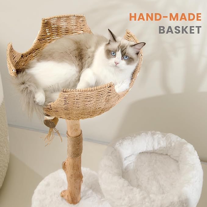 PEGIC Cat Tree Tower with Two Real Branches, 44 INCH Wood Modern Cat Tower with Luxury Cat Condo, Cat Scratching Post, Jumping Platforms, Cat Furniture (Short Plush)