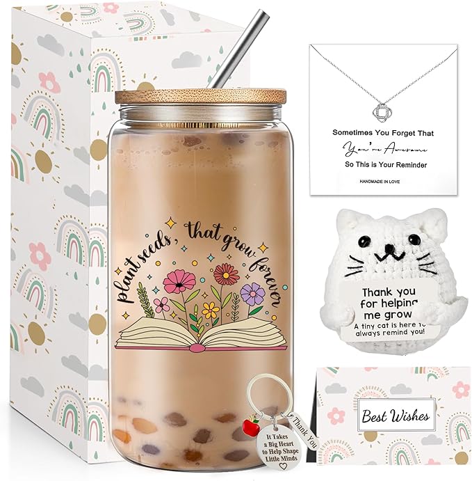 Teacher Birthday Gifts for Women, Teacher Appreciation Gifts, Thank You Christmas Retirement Gifts Set with 16 oz Glass Cup Necklace