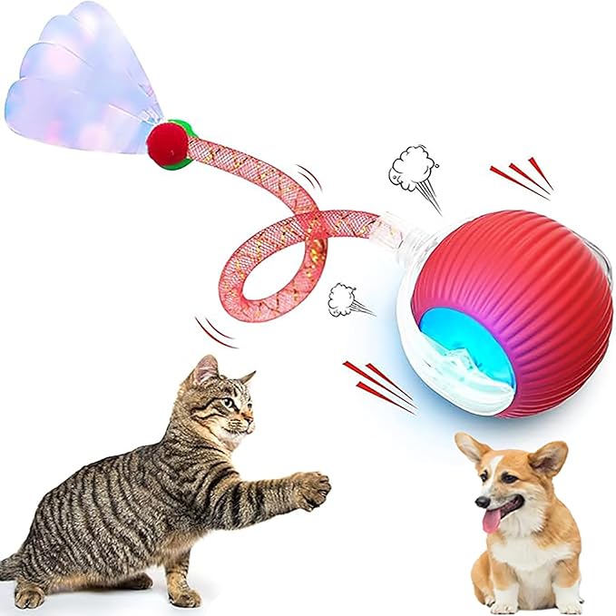 Interactive Cat Toys for Indoor Cats, Speedy 2.0 Cat Toy with Elastic Mesh Tail, Automatic Cat Toy for Bored Indoor Adult Cats, Rechargeable Smart Kitten Moving Ball Toys (Red)