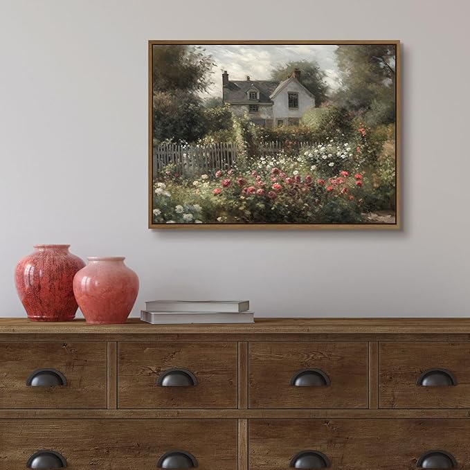 Vintage Rose Garden Wall Art Antique Cottage Canvas Oil Painting Nature Flowers Landscape Picture Rustic Farmhouse Wall Decor for Bedroom Bathroom Home Office Kitchen Decoration - 12x16 Inch Framed