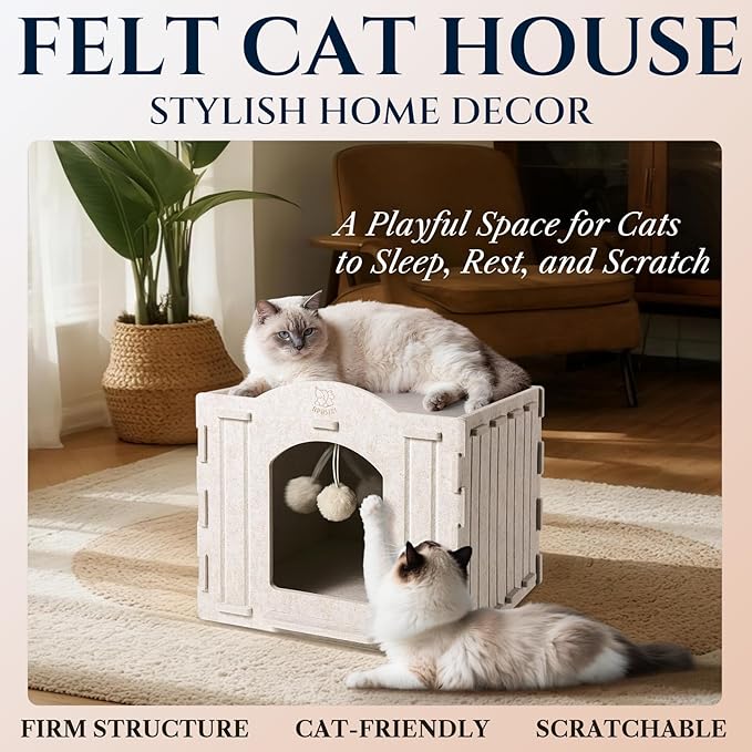 Apasiri Cat House Scratch-Resistant: Indoor Warm Enclosed Felt Bed Cave with Hanging Ball Toy, No-Tool Assembly Hideaway for Anxious Cats & Kittens, 13.4x13.4x9.85 Inch Interior