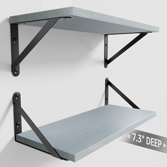 COCOYA Wall Shelves 7.3" Deep Set of 2, Solid Paulownia Wood Wider Longer Sturdy Easy to Install Wall Mounted Bookshelves Storage Shelves Bathroom Home Office Laundry Room Bedroom Organizer Gray