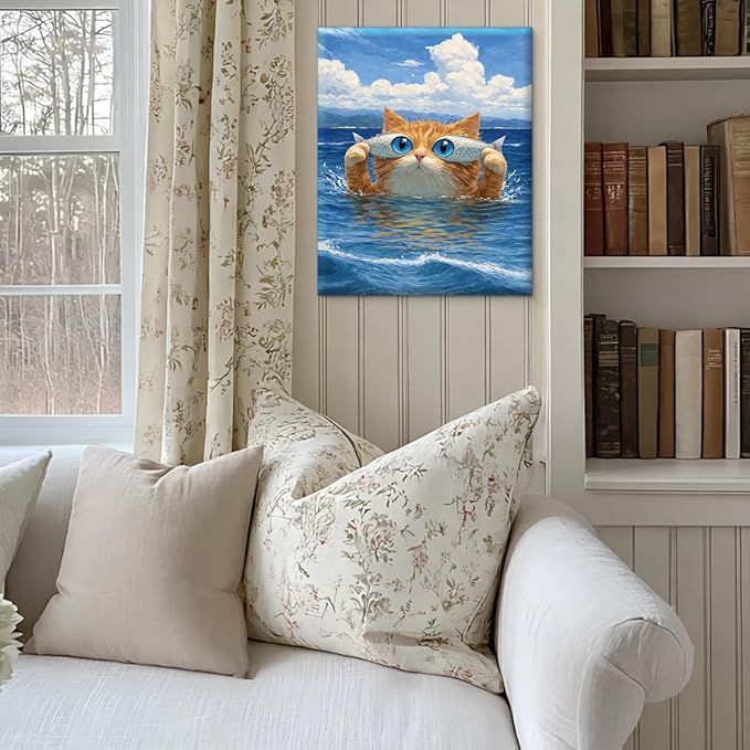 Coastal Fish Cat Wall Art Decor Whimsical Cat Fish Eyes Canvas Print Picture Funny Animal Wall Decor for Home Living Room 8x10 Inch Canvas Framed