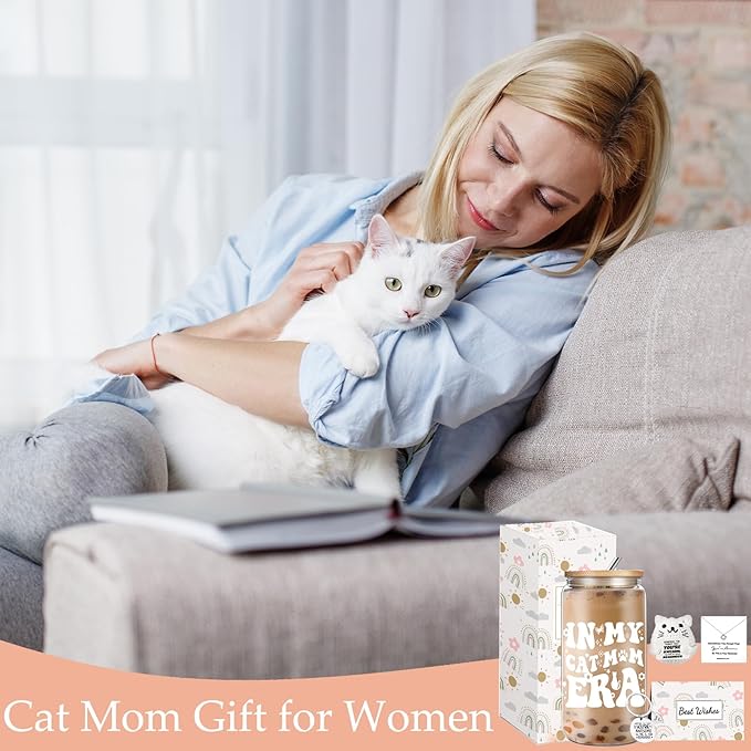 Cat Lover Birthday Gifts for Women, Cats Mom Mothers Day Gift, Cute Cat Themed Christmas Gifts Set with 16oz Glass Cup Necklace for Crazy Cats Lady, Mom Sister