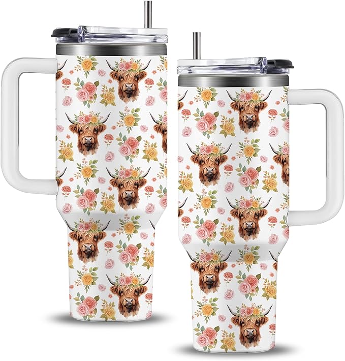 Highland Cow Tumbler 40oz, Cow Gifts for Woman for Cowgirls, Farming Gifts for Female Farmers for Cowgirl, Floral Cup Highland Cows Gift Travel Insulated Stainless Steel Coffee Travel Mug