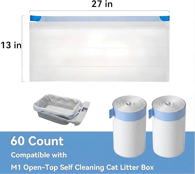 (2026 Upgraded) 60 Count Ultra-Thick Cat Litter Box Bags - Reinforced Drawstring, 3 Mil Thickness, Compatible with Neakasa M1 & PetPivot AutoScooper 11, 27" x 13"