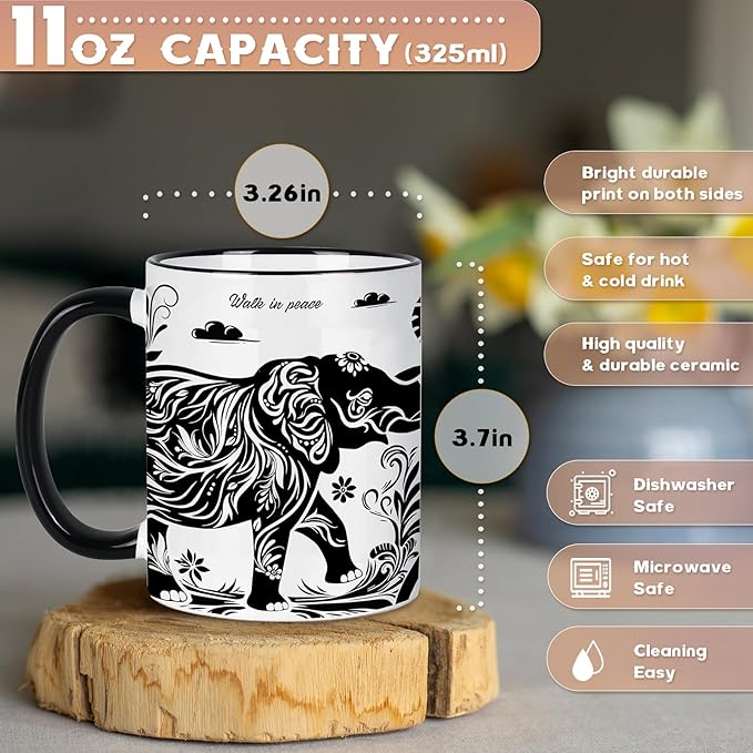 Elephant Gifts for Women, Elephant Mug 11Oz Mothers Day Birthday Gifts for Women, Black and White Boho Mug for Coffee, Tea and Milk, Ceramic Cup Microwave & Dishwasher Safe