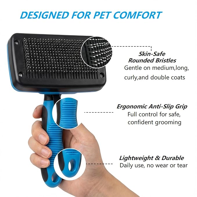 4PCS Self Cleaning Slicker Brush, Pet Grooming Rake, Bath Brush & Massage Brush for Short/Long Haired Dogs, Cats & Horses, Pet Grooming Deshedding Tools - Pet Supplies (Blue Black)