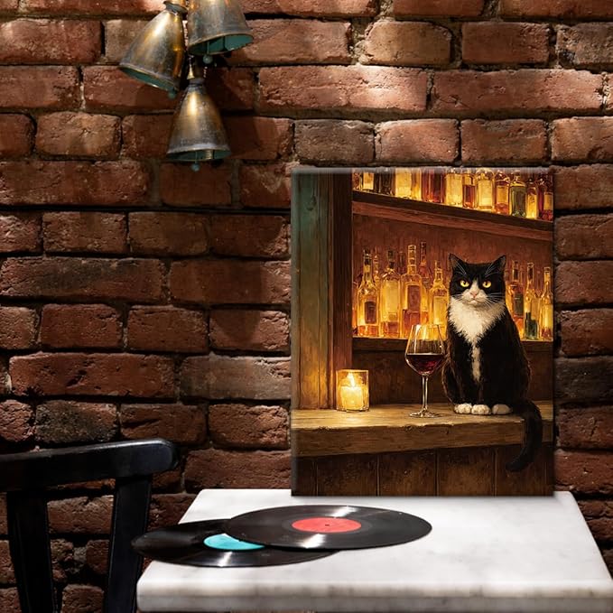 Vintage Cat Bar Wall Art Decor Tuxedo Cat with Wine Print Picture Whimsical Wall Decor for Home Kitchen Bar 8x10 Inch Canvas Framed