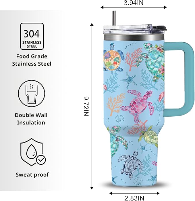 Turtle Tumbler 40oz, Classic Blue Sea Turtles Themed Gifts for Women Girls Turtles Lovers on Birthday Christmas Summer, Travel Stainless Steel Coffee Cup Double Wall Vacuum Insulated Mug