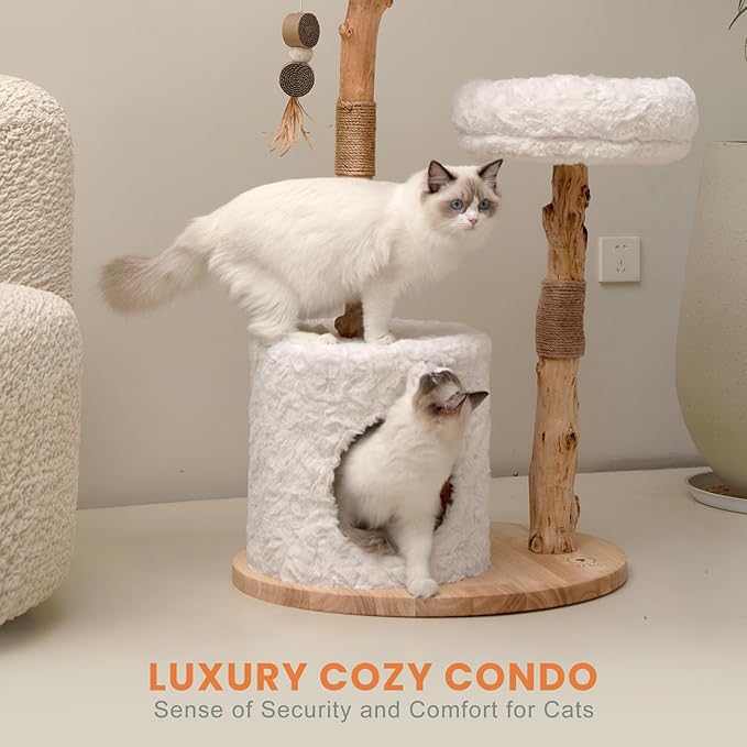 PEGIC Cat Tree Tower with Two Real Branches, 44 INCH Wood Modern Cat Tower with Luxury Cat Condo, Cat Scratching Post, Jumping Platforms, Cat Furniture (Short Plush)