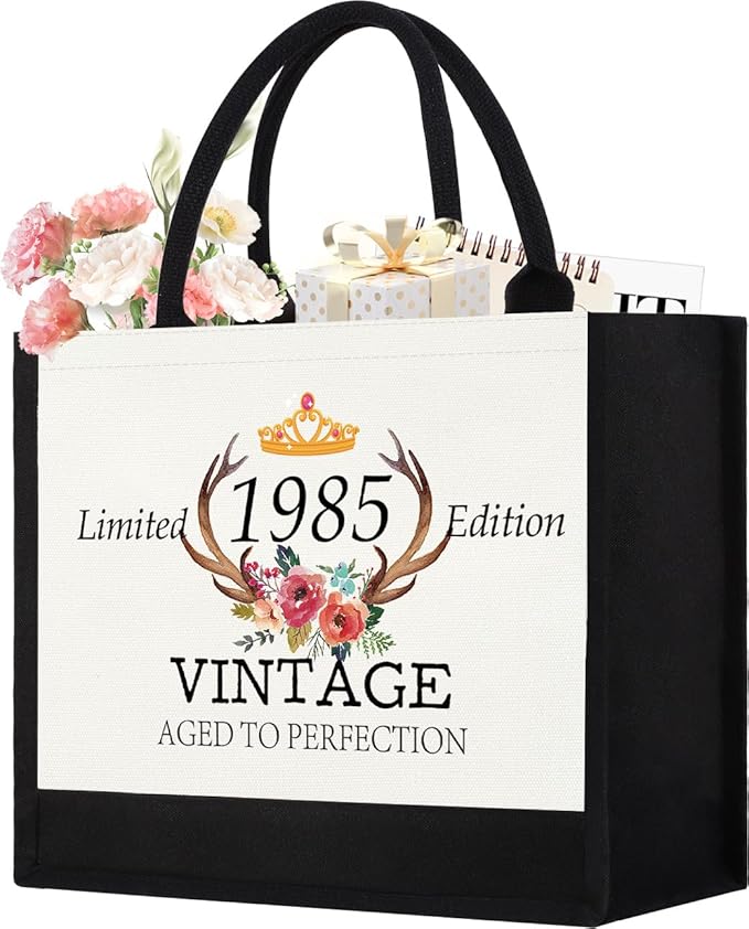 GevGuxLuo 40th Birthday Gifts for Women Canvas Tote Bag, 40 Years Old Birthday Gifts for Mom Wife Aunt Friends Her,Turning 40 Beach Bag Reusable Grocery Bag 1985 Women Tote Bag