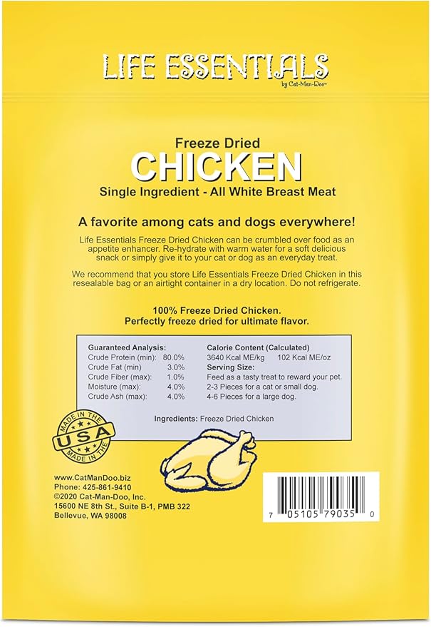 Life Essentials by Cat-Man-Doo Freeze Dried Chicken Dog & Cat Treats, Healthy Single Ingredient Training Treats for Dogs, Puppies & Cats, Made with Real Chicken – 2 oz