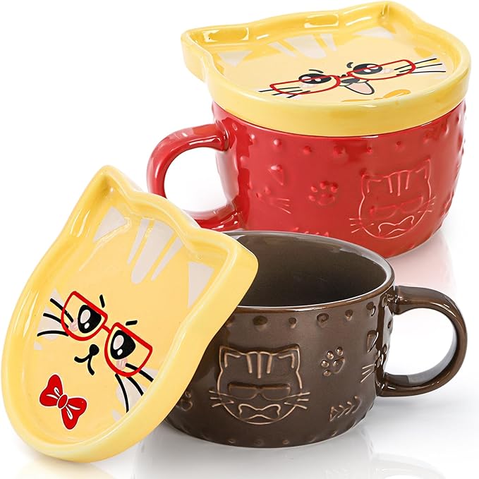 Cididu Set of 2 Cute Cat Mug with Lid, 10 Oz Ceramic Coffee Milk Mugs with Coaster, Kawaii Tea Cup for Cat Lovers, Novelty Breakfast Mugs Birthday Gifts for Girls Women Mother's Day Animal Lovers